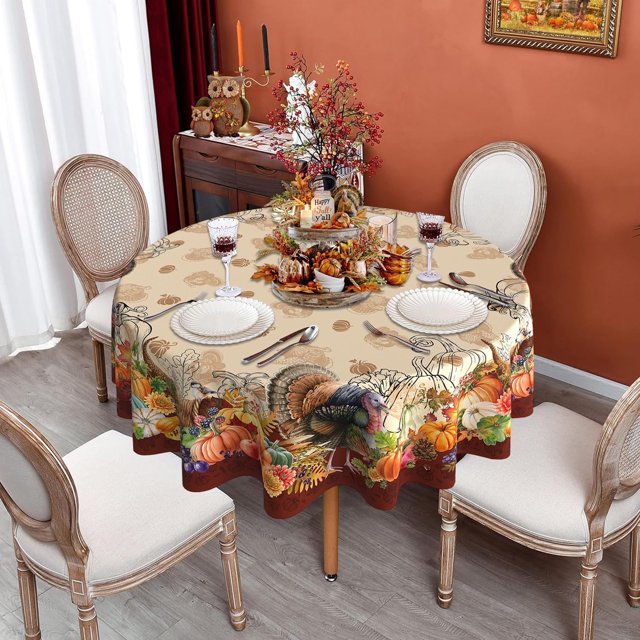 Round Thanksgiving Tablecloth 60 Inch, Thanksgiving Turkey Harvest Tablecloth Round, Thanksgiving Table Cloths Round, Thanksgiving Round Table Cover Decor