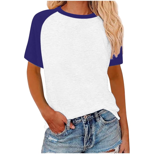 Womens Summer Raglan T-Shirts Color Block Plus Size Baseball Tees Casual Short Sleeve Loose Pullover Dark Blue, S