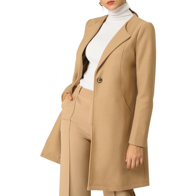 INSPIRE CHIC Women's Half Lapel Long Sleeves One Button Winter Mid-Length Overcoat L Khaki