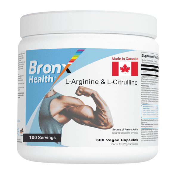 BRONX Supplément de L-Arginine et de L-Citrulline 300 Capsules Véganes/ Pilules de Poudre Pré-Entraînement / Source d'Acides Aminés / Augmente la Performance d'Exercice / pour Hommes et Femmes / Supplément en Vrac