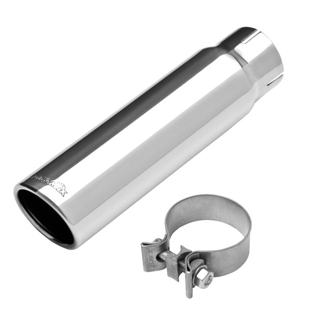 Dynomax 36477 Exhaust Tail Pipe Tip 4 Inch Inlet; 5 Inch Outlet; Polished Stainless Steel; Round; Angled Cut; Single Wall; 18 Inch Length