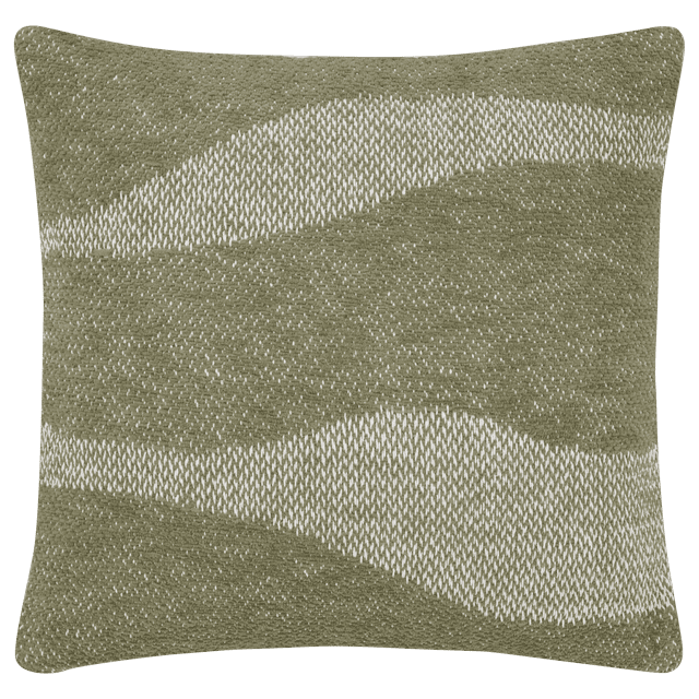 Bouclair Dugan Decorative Pillow with a textured woven cream-on-olive wavy pattern, offering a modern organic accent for home décor. Its soft fabric and comfy fill provide comfort and style, suitable for layering in contemporary and earthy interiors.