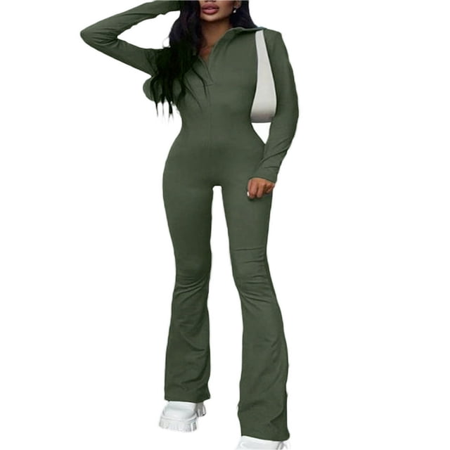 MesaSe Combinaison Évasée à Manches Longues Col en V pour Femmes Automne Mode Urbaine Sportswear Vert Armée G