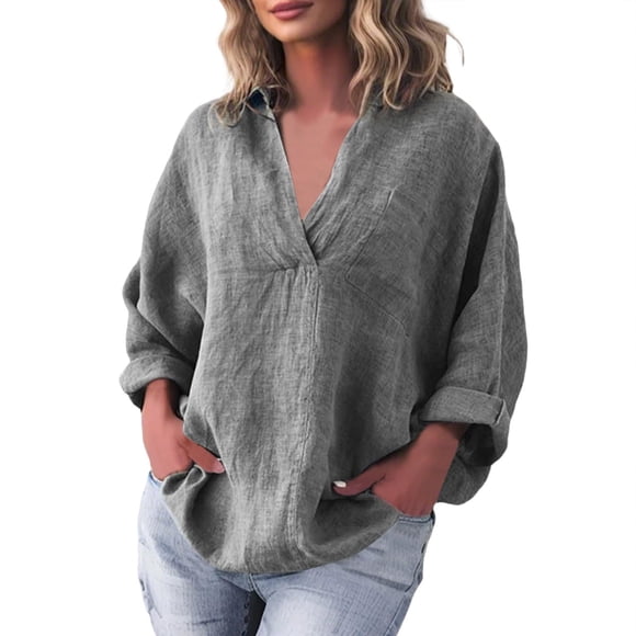 Timegard Plus Size Tops for Women Casual Lightweight Long Sleeve Blouse Lapel V Neck Work Office Shirts Tops