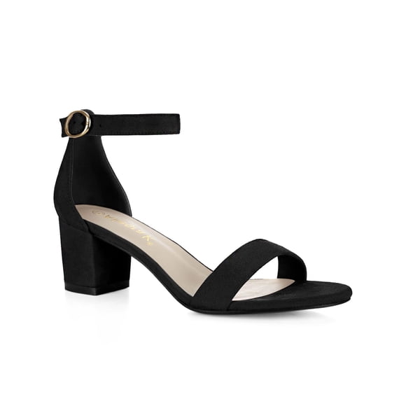 BLISSFUL STEP Women's Shoes Open Toe Mid Block Heel Ankle Strap Faux Suede Sandals Black 9