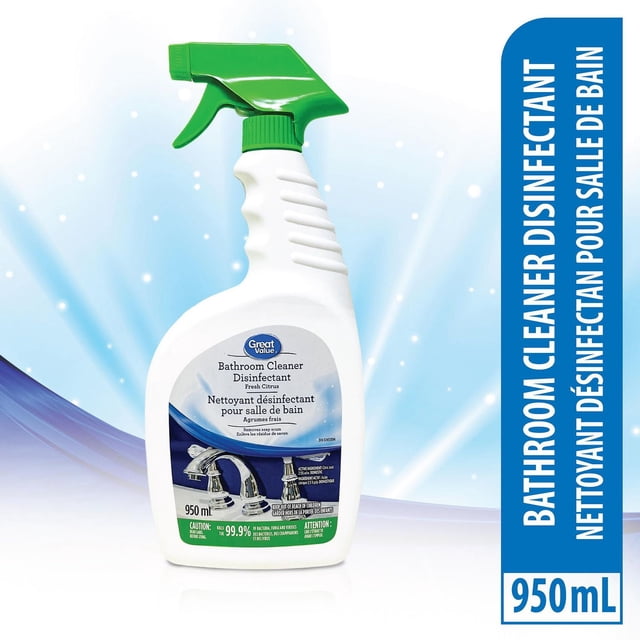 Great Value Bathroom Cleaner Disinfectant 950 mL spray bottle with green trigger, designed for tubs, showers, tiles, sinks, and chrome fixtures, fresh citrus scent, kills 99.9% of bacteria and viruses on hard non-porous surfaces.