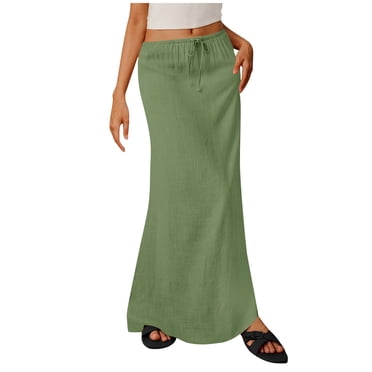 Ohufall Jupes Maxi en Coton et Lin pour Femmes Été Unies Tendance Décontractées Jupes Droites Taille Élastique à Cordon Jupe Longue Confortable pour Dames