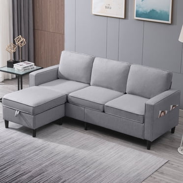Puremind 78Inch Small L Shaped Sectional Sofa with Storage Ottoman and Side Pocket, Linen Sectional Couch for Living Room/Small Spaces, Light Gray