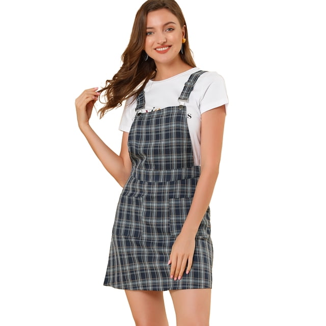 INSPIRE CHIC Women's Adjustable Strap Plaid Suspender Overall Dress