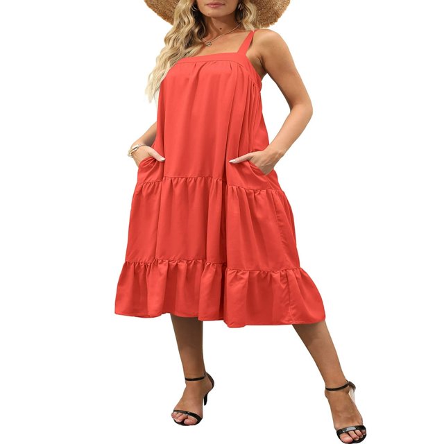 Femmes Midi Débardeur Robe d'Été Sans Manches Couleur Unie Volants Étagés Robe Boho Plage