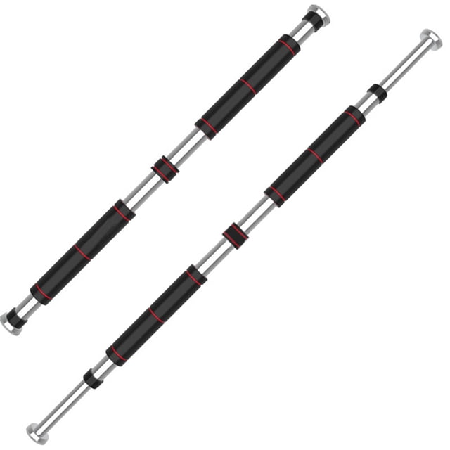 Door Horizontal Bars Steel Adjustable Home Gym Workout Chin Push. A pair of adjustable pull-up bars made of chroming steel with anti-skid rubber rings and padded grips for comfort. The bars are designed to fit door frames with adjustable lengths of 60-100cm or 80-130cm, supporting up to 440lb when mounted properly. Suitable for pull-ups, chin-ups, and other strength training exercises.