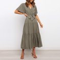 thumbnail image 4 of LOVZFMLL Women Solid Short Sleeve Loose Ruffles Lacing Dress Army Green L, 4 of 5