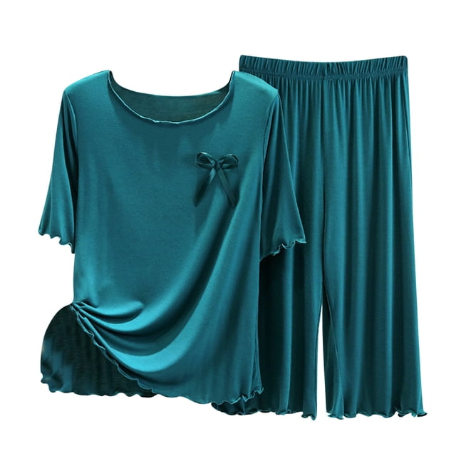 Yuyuzo Ensembles de Pyjama 2 Pcs pour Femmes T-Shirts à Manches Courtes à Col Ras du Cou Pantalons Amples Confortables Ensembles de Pyjamas à Volants Vêtements de Nuit