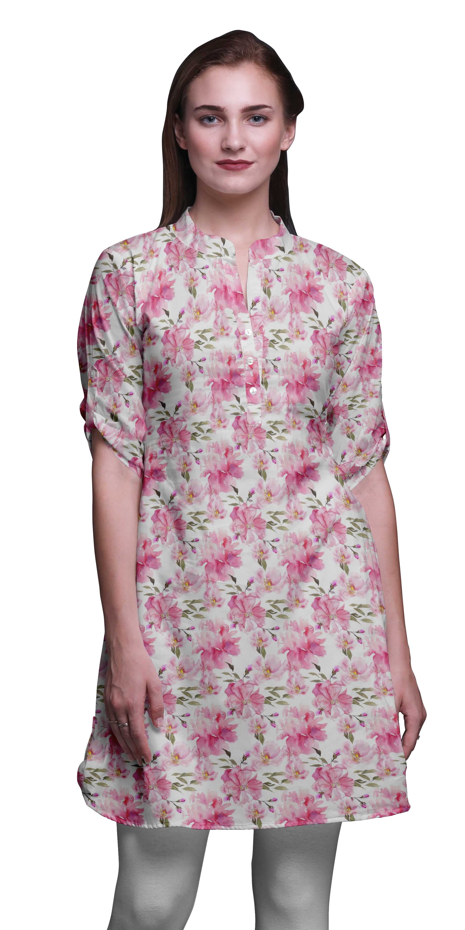 Bimba Women Straight Kurta Mandarin Collar Printed Dress Short Kurti Tops