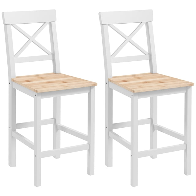 HOMCOM Tabourets de Bar Hauteur Comptoir, Ensemble de 2 avec Dossier Croisé et Repose-Pieds. Ces Tabourets de Cuisine Style Ferme Comprennent un Siège en Bois de Pin Naturel et un Cadre en Bois Massif Peint en Blanc avec un design en X sur le Dossier. Chaque Tabouret Comprend un Repose-Pieds pour Plus de Confort et des Embouts Antidérapants pour Prévenir les Égratignures du Plancher. Dimensions : 16,1 Pouces de Large, 18,1 Pouces de Profondeur et 38,4 Pouces de Hauteur. Convient aux Hauteurs de Tables de Bar de 35 à 39 Pouces.