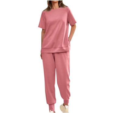 AherBiu Womens Sweatsuits Short Sleeve Side Slit Tops with Joggers Pants 2 Piece Casual Workout Sets