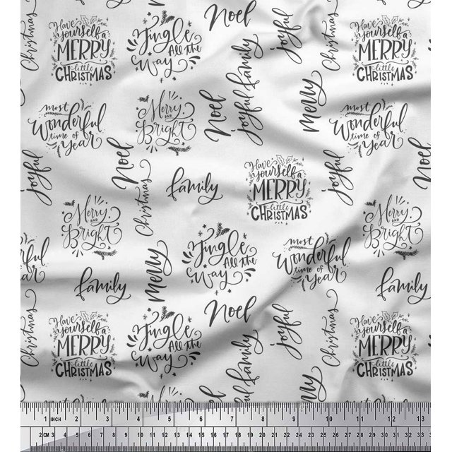 Soimoi White polyester Crepe Fabric Merry Christmas Text Fabric Prints By Yard 52 Inch Wide