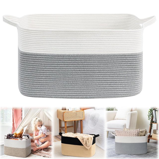 Woven Storage Basket 50L Small Laundry Baskets Blanket Hamper Living Room Rectangle Rope Baskets For Toy With Handles