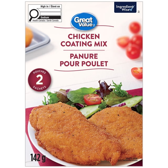 Great Value Chicken Coating Mix package showing two pouches with a front view of breaded chicken breasts on a white plate garnished with mixed greens, cucumber slices, and cherry tomatoes, labeled 142 g with IngredientWise and sodium high warning icons, ideal for coating poultry dishes.