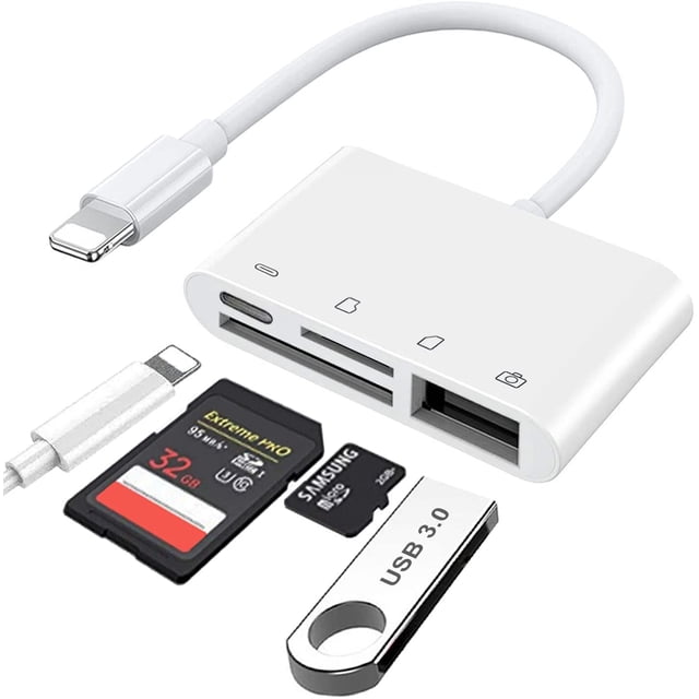 SD/TF Card Reader for iPhone & iPad, 4 in 1 Lightning to USB Camera Adapter, Multifuction Charging and Data Sync Adapter Plug and Play