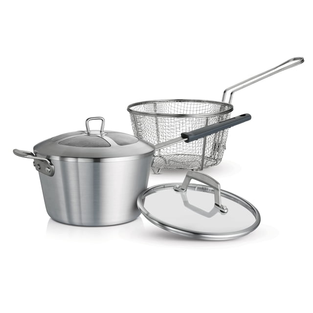 Tramontina Pro Fusion Friteuse Profonde Antiadhésive de 5,5 Pintes en Aluminium de Calibre Lourd 3,2 mm avec Couvercle en Progrey, Conçue avec une surface de Cuisson Intérieure Lisse Sans Rivets pour un Nettoyage Facile. Comprend un Couvercle en Verre Trempé, un Couvercle de Friteuse en Acier Inoxydable et un Panier de Friteuse. Dotée d'Une Poignée en silicone Amovible, une Poignée en Acier Inoxydable Coulé et un Revêtement Antiadhésif Renforcé. Compatible avec les Plaques de Cuisson au Gaz, Électriques et en Verre Céramique, Va au Four jusqu'à 400 °F et Va au Lave-Vaisselle. Idéale