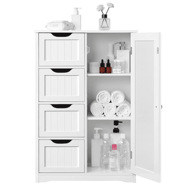 FullFurnique Modern Wooden Bathroom Floor Cabinet with 4 Drawers & Cupboard, White