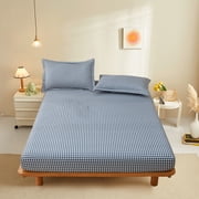 Checkered Non-Slip Fitted Sheet - Full Bed Mattress Protector Stretch Fabric with Elastic Corners Breathable Linen Blend, Blue, JKODE