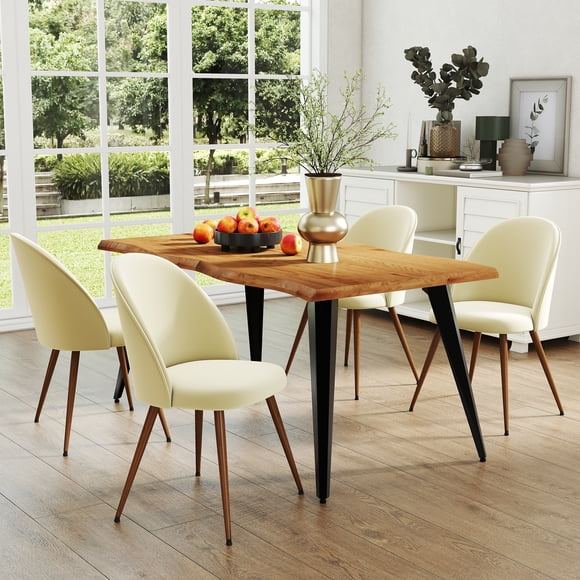 Ensemble table à manger Homy Casa 160 cm avec 1 table et 4 chaises à dossier haut, plateau en noyer moderne à bords ondulés, revêtement en tissu beige