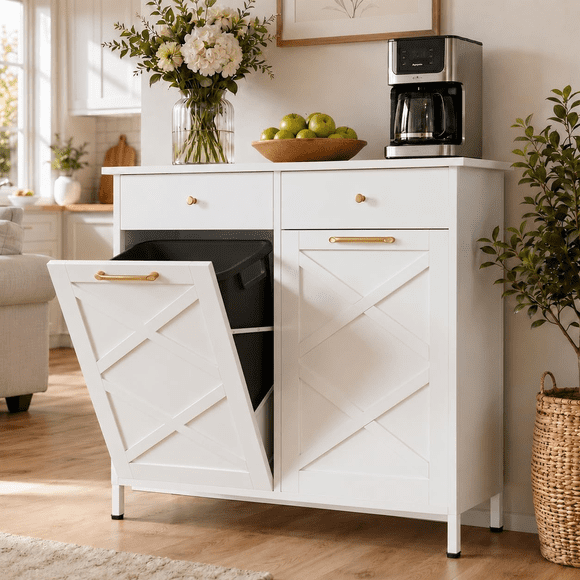 JFHID Metal Double Tilt Out Trash Can Cabinet, 20 Gallon Hidden Trash and Recycling Cabinet with 2 Drawers, White