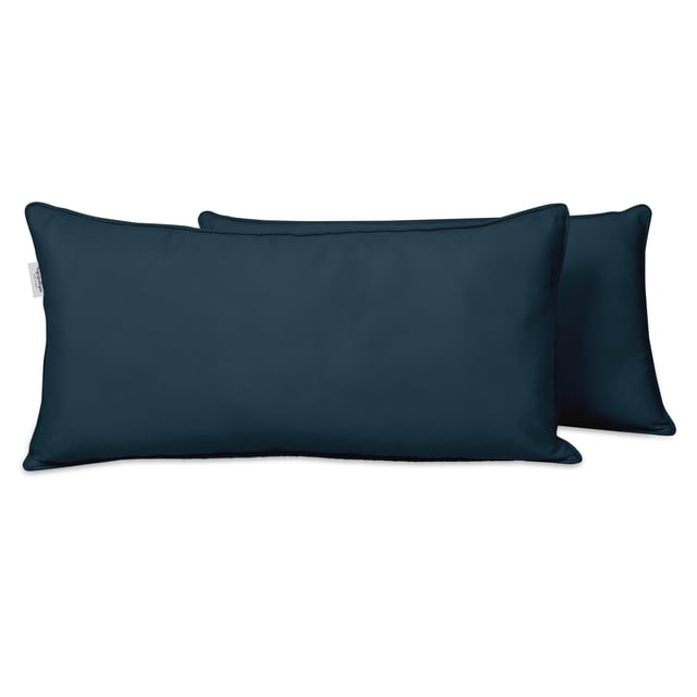 Vargottam Indoor/Outdoor Polyester Fabric Lumbar Pillow Cover set in dark navy blue, featuring two decorative rectangular cushion cases measuring 16 x 24 inches. Designed for patio furniture, these waterproof and fade-resistant covers include a zipper closure for easy insertion and washing. Suitable for all-weather use.
