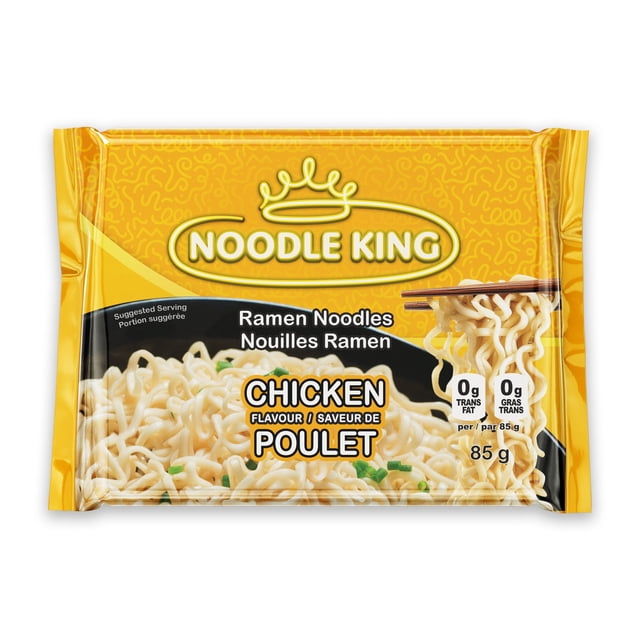 Chicken Flavor Ramen Noodles by Noodle King in yellow packaging showing cooked instant ramen noodles garnished with green onions on a black plate, labeled 85 g with 0 g trans fat per serving, easy and quick to prepare with savory flavor, also suitable for quick snack meals.