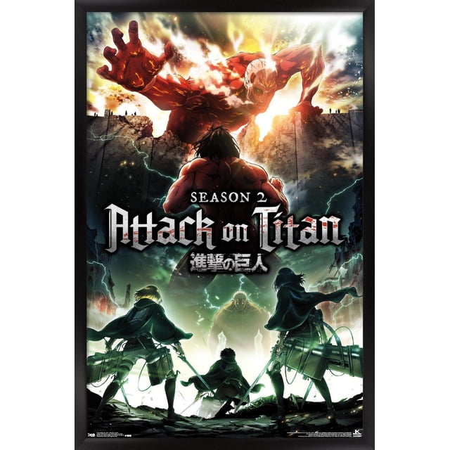 Attack on Titan - Affiche Murale Teaser de Saison 2, 22,375 Po x 34 Po, art Mural d'Anime Représentant un Titan Rouge colossal Traversant un Mur Fissuré au Coucher du Soleil, avec Trois Personnages Capuchonnés Brandissant des Épées et des Manœuvres Faisant Face au Milieu de Ruines et d'Éclairs, Imprimée sur Papier d'Affiche Lustré pour des Couleurs Vives et une Déco de manga Audacieuse.