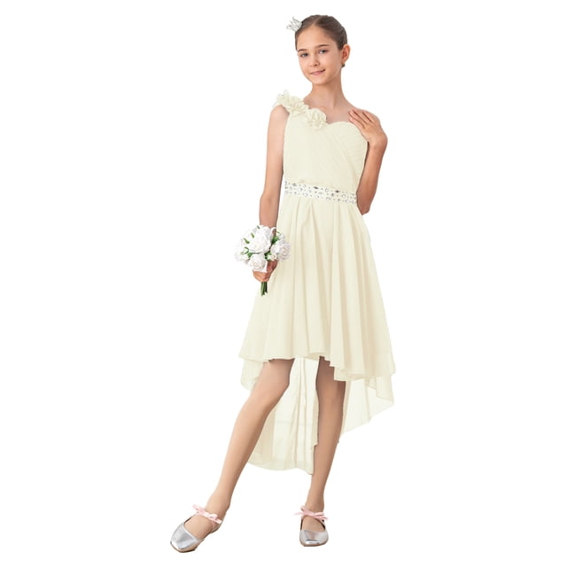 RUNQHUI Robe à une Épaule pour Enfants Filles en Mousseline Demoiselle d'Honneur Robe Asymétrique Formelle Bal Fête Robes Champagne 8