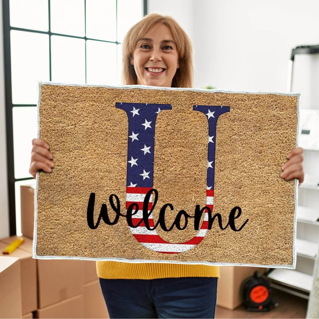 4th of July Door Mat Outdoor,Independence Day Welcome Doormat, 4th of July Coir Doormat with Non Slip Backing ,Patriotic Mat Star Front Porch Rugs For Home Entrance 4th of July Decoration,(15*24")