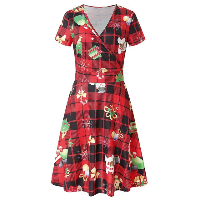 Pompotops Robe d'Été pour Femme à Manches Courtes, Col en V, Vintage, Cadeau de Noël, Imprimé à Carreaux, Robe Évasée de Soirée