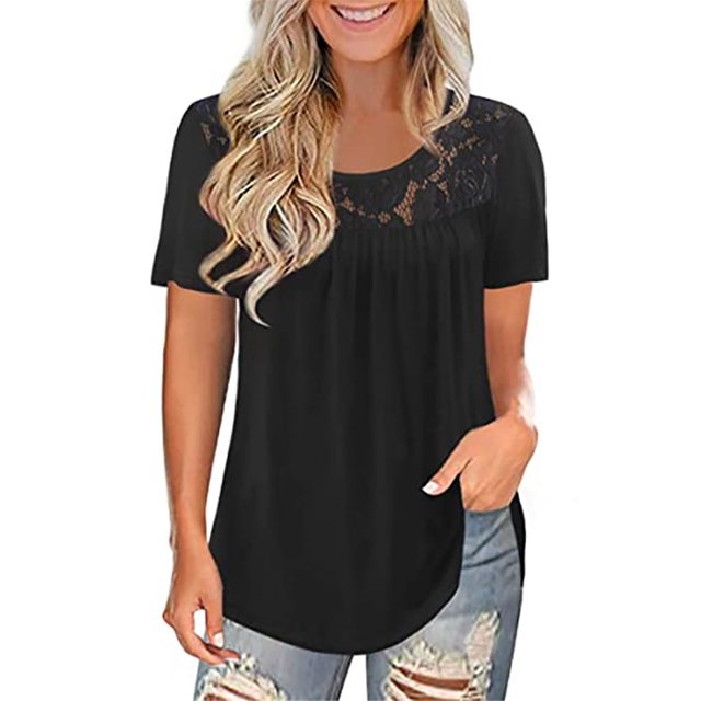 MRULIC T-Shirts pour Femmes Mode Dentelle Unie Col Rond Manches Courtes T-Shirt Blouse Hauts T-Shirts Femmes Noir + 5TG