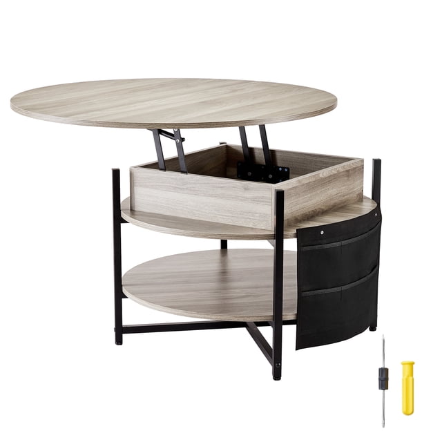 KFFKFF Elevating Coffee Table, 35.3 in Circular Design with Additional Storage Compartments, Lift-Up Top Table for the Living Area, White