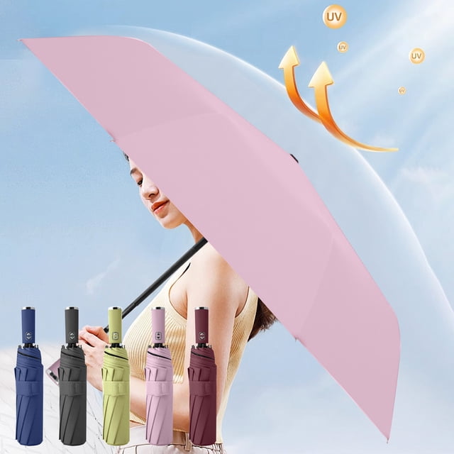 Up to 60% Off! Gspmoly Fully Automatic Rotatable Umbrella featuring a foldable design with high-density fabric and black glue coating for sun protection. The umbrella is shown in a pink color, with additional color options including blue, black, green, and burgundy displayed below. It has a sturdy 10-rib fiberglass frame for wind resistance and an automatic open and close mechanism for convenience. Suitable for travel and outdoor activities in all weather conditions.