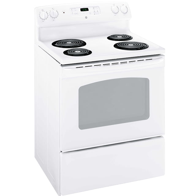 GE 30" Electric Freestanding Range with Storage Drawer White - JCBS280DMWW. This single oven electric range features a coil SensiTemp cooktop with four burners, including two 6-inch 1500W and two 8-inch 2600W elements. The oven has a 5.0 cu ft capacity, two chrome racks, and an interior light. It includes a 4-pass bake and broil element, electronic temperature control, and a storage drawer. The control panel is located on the backsplash with a digital display and timer.