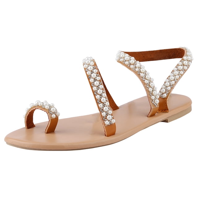 Sandales Pantoufles à Strass en Perles pour Femmes Mariée Mariage Blanches Plage Été Gougounes Plates Robe à Enfiler