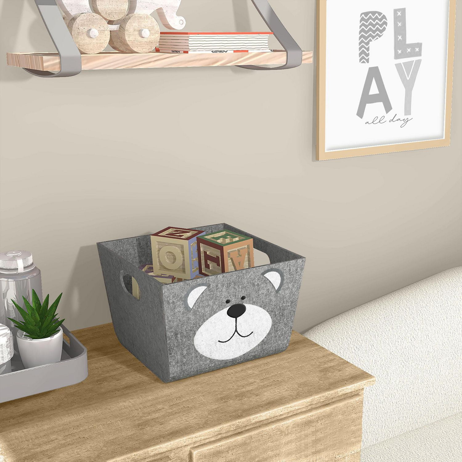 Felt Construction Storage Basket with Smiling Bear Face Patch