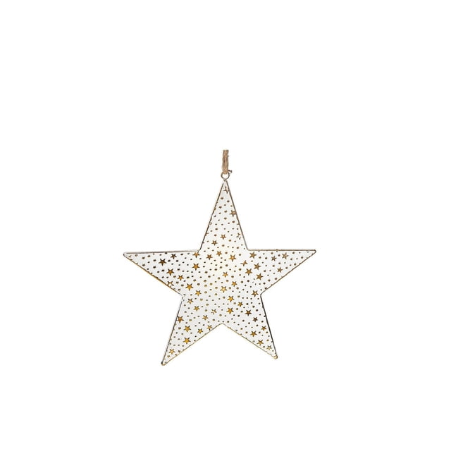 Ornement Étoile Blanche et Dorée Petite, une Étoile en Métal avec des Découpes en Forme d'Étoile Dorée sur un Fond Blanc, Suspendue par une Boucle en Ficelle Naturelle, Mesurant 7,87 par 7,87 Pouces, Idéale pour la Décoration de Noël et Convenant aux Guirlandes Ou aux Centres de Table Festifs.