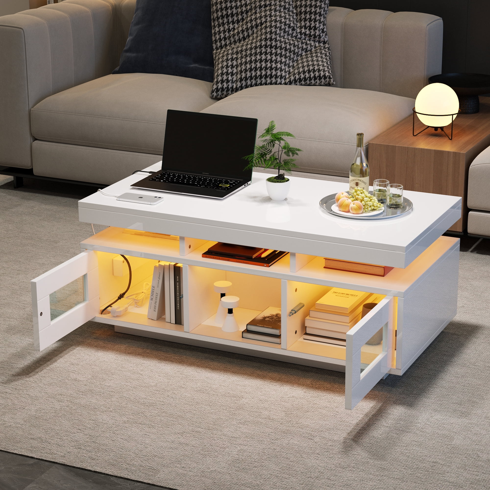 Noble House Table basse haute brillance avec lumières LED, Ports et prises USB, Centre 2 portes et Table d’appoint canapé, blanc