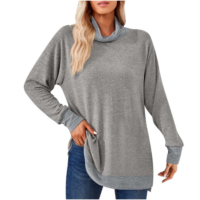 Timegard Tops for Women High Neck Long Sleeve Side Split Color Block Tshirts Fall Casual Loose Tops