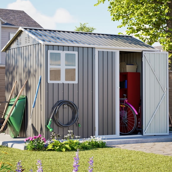 LZBEITEM 8' x 6' Outdoor Storage Shed with Window & Lockable Doors, Metal Garden Tool Shed with 4 Air Vents & Ground Nails, Waterproof Backyard Storage House for Patio Lawn, Grey
