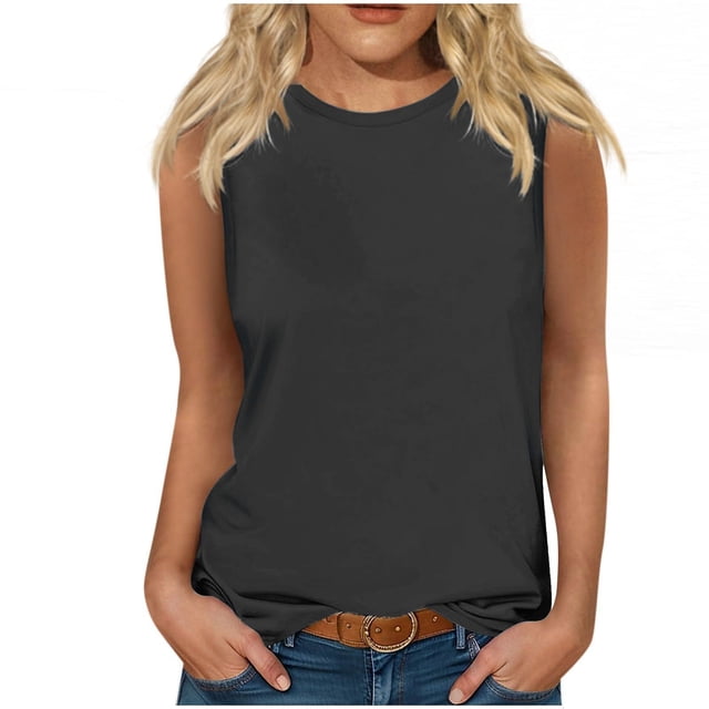 Yuyuzo Sleeveless Tops for Women Round Neck Tank Tops Solid Color Summer T Shirts Loose Basic Shirts