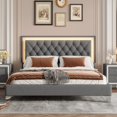thumbnail image 2 of MODERNLUXE Lit Plateforme Grand Size Rembourré, Lit Moderne en Velours avec Lumières LED et Tête de Lit Capitonnée, Gris, 2 of 7