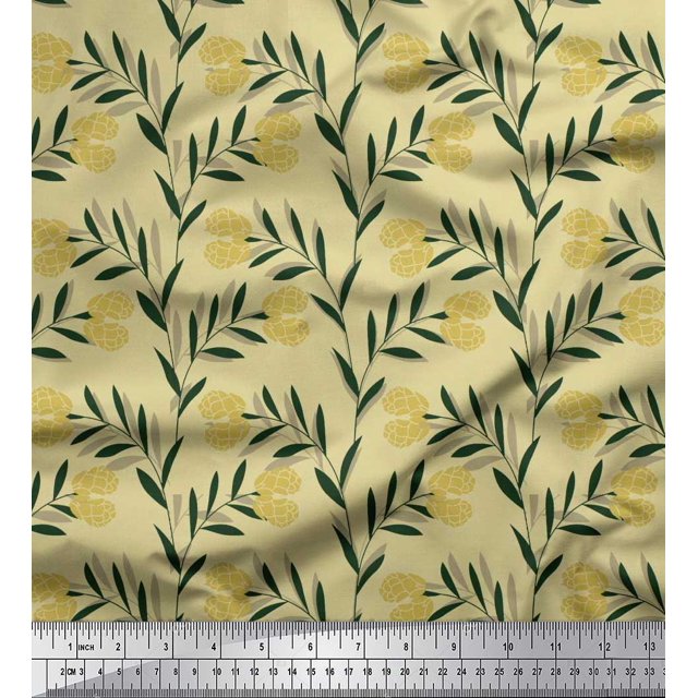 Soimoi Beige Rayon Fabric Leaves & Clover Flower Hand Drawn Print Sewing Fabric Yard 56 Inch Wide