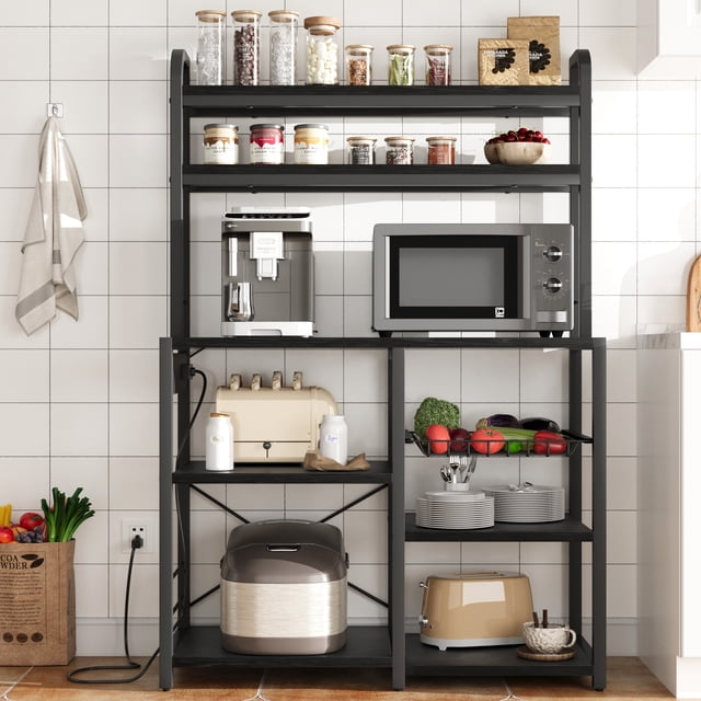 Bakers Rack with Power Outlet, Industrial Microwave Stand, Kitchen Bakers Rack with Metal Wire Drawer, 6-Tier Baker's Racks for Kitchens with Large Storage, Kitchen Buffet Table with Hutch