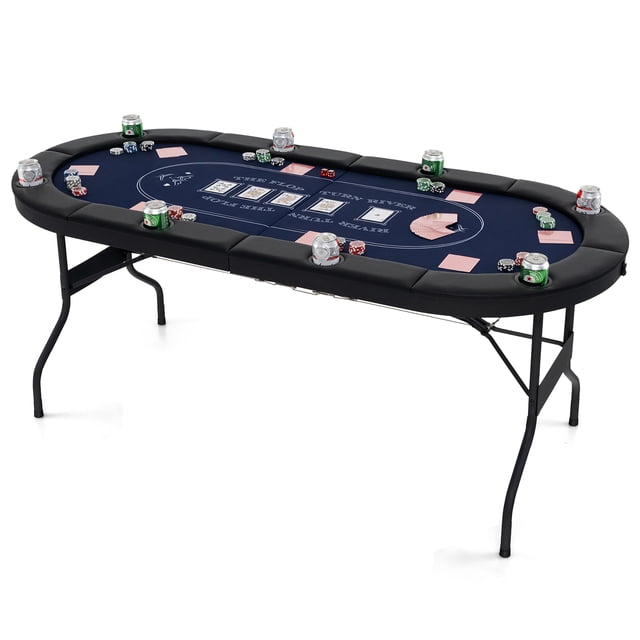 Gymax 8 Player Foldable Poker Table with a casino-grade blue felt surface, padded armrests, and deep metal cup holders for Texas Hold'em games. The portable table features a sturdy metal frame with non-slip foot pads and folds easily for storage. Accommodates up to 8 players and measures 72'' x 32.5'' x 29'' when open.